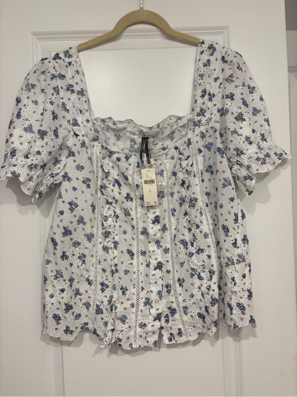 Anthropologie White Eyelet Blouse With Blue Floral Print
